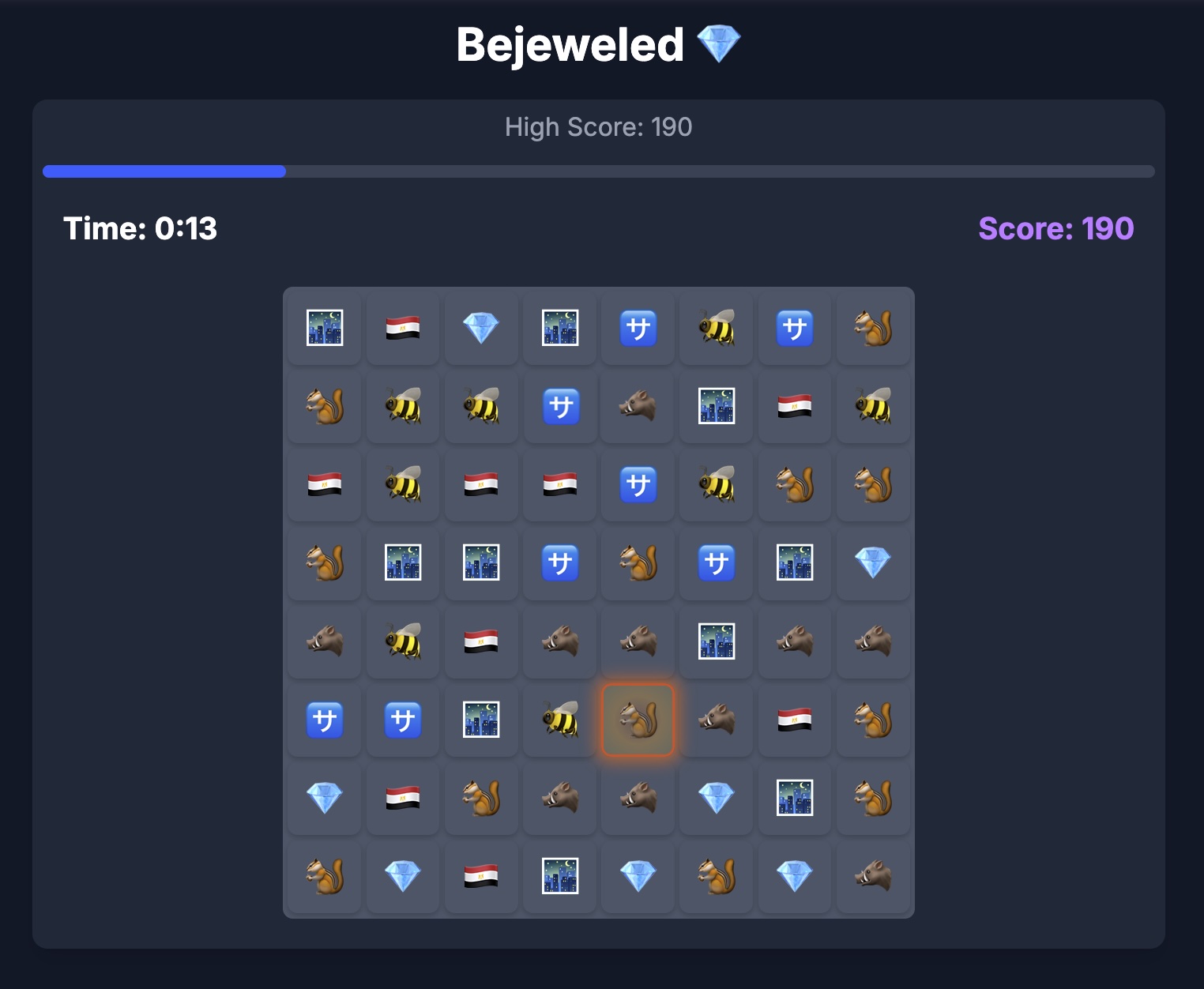 Emoji Bejeweled game board with match-three gameplay