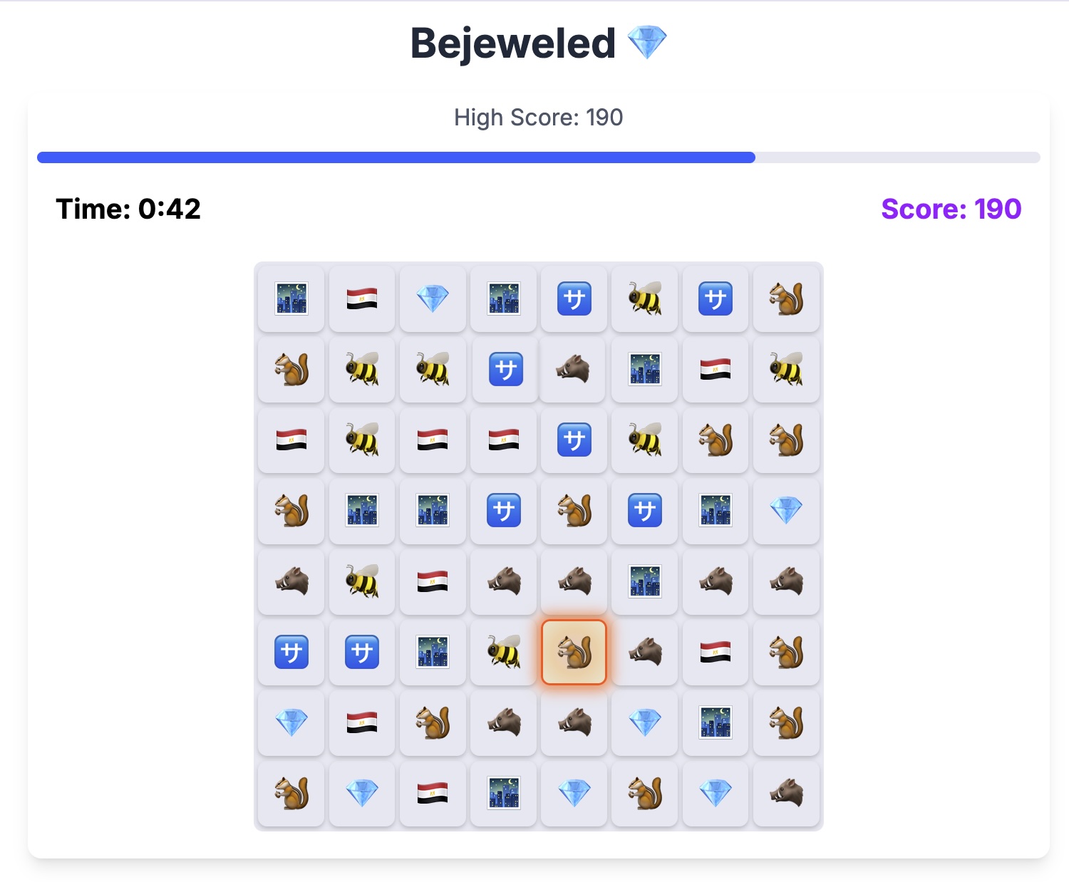 Emoji Bejeweled game board with match-three gameplay