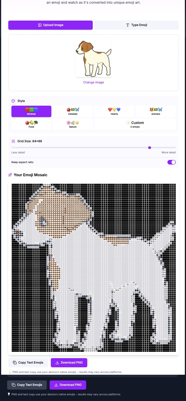 Image to Emoji tool interface for creating emoji mosaics